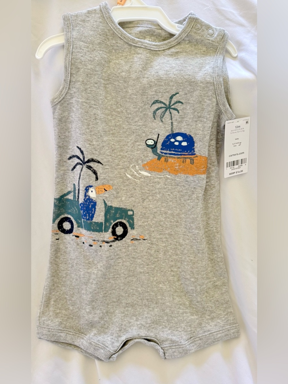 Carter's Gray Tank Romper with Blue Turtle & Teal Truck Graphics - Picture 1 of 3